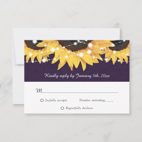 Rustic Purple Burlap Lace Sunflower RSVP Card