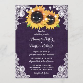 Rustic Purple Burlap Lace Sunflower Wedding Invitation