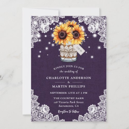 Rustic Purple Burlap Lace Sunflower Wedding Invitation