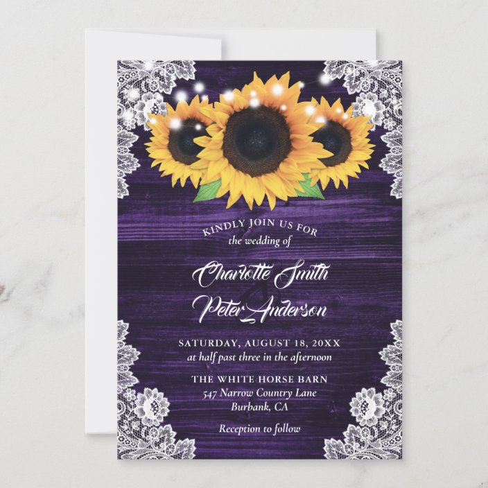 Rustic Purple Burlap Lace Sunflower Wedding Invitation