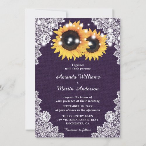 Rustic Purple Burlap Lace Sunflower Wedding Invitation