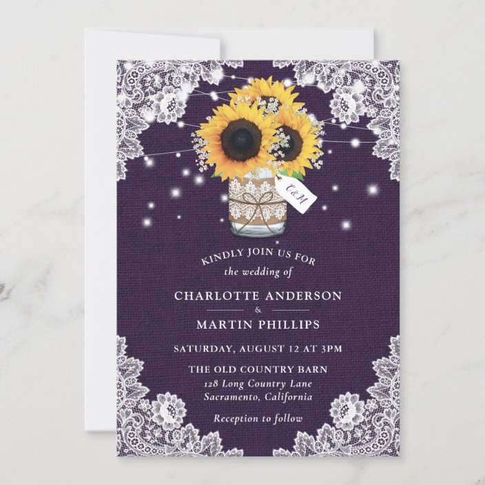 Rustic Purple Burlap Lace Sunflower Wedding Invitation