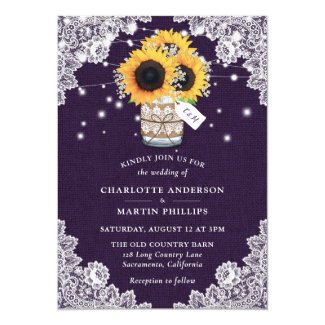 Rustic Purple Burlap Lace Sunflower Wedding Invitation