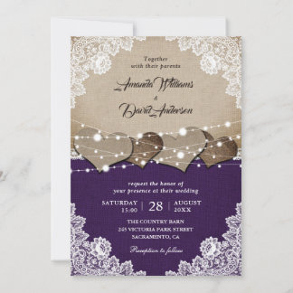 Rustic Purple Burlap Lace Wedding Invitation