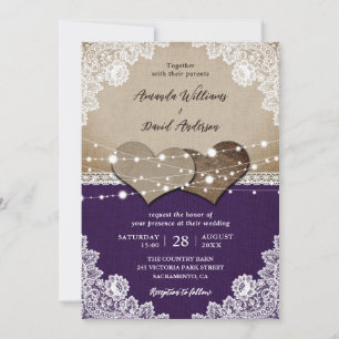 Rustic Purple Burlap Lace Wedding Invitation