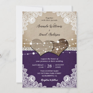Rustic Purple Burlap Lace Wedding Invitation