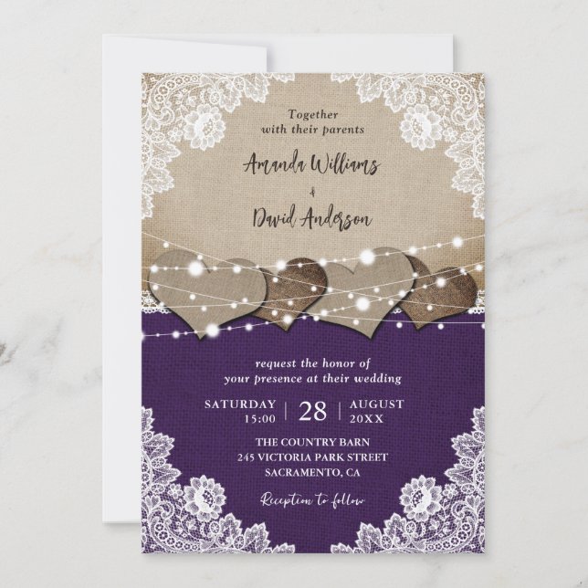 Rustic Purple Burlap Lace Wedding Invitation (Front)