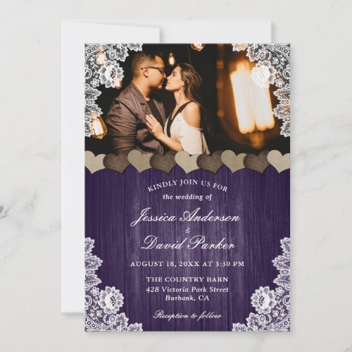 Rustic Purple Burlap Lace Wedding Photo Invitation