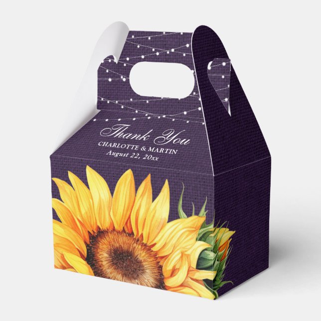 Rustic Purple Burlap Sunflower Wedding Favor Box (Front Side)