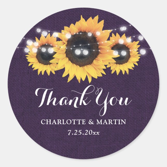 Rustic Purple Burlap Sunflower Wedding Favor Classic Round Sticker (Front)