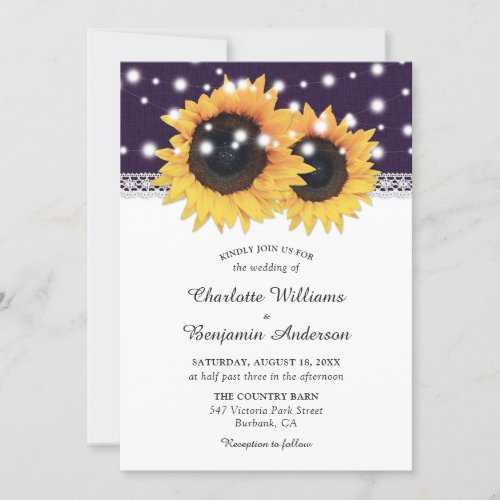 Rustic Purple Burlap Sunflower Wedding Invitation