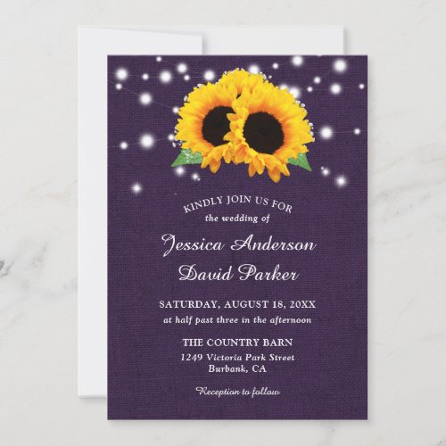 Rustic Purple Burlap Sunflower Wedding Invitations