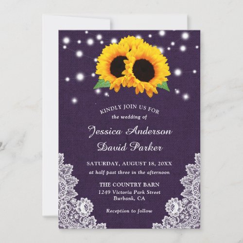 Rustic Purple Burlap Sunflower Wedding Invitations