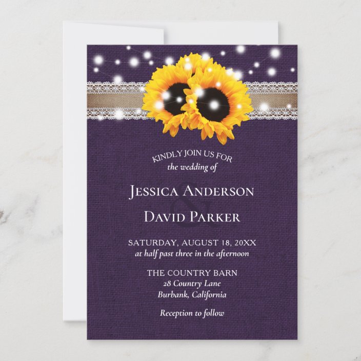 Rustic Purple Burlap Sunflower Wedding Invitations