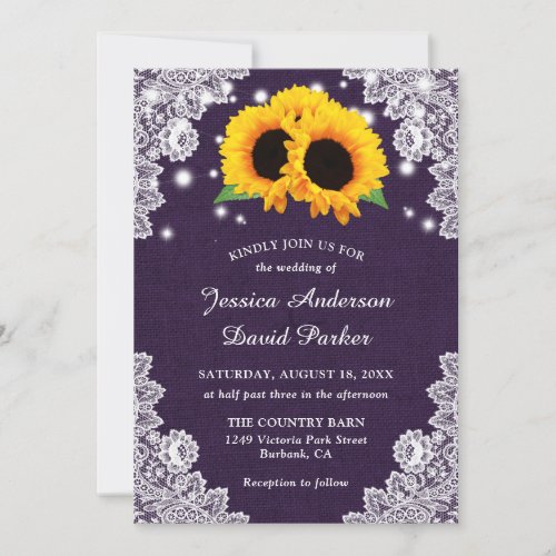 Rustic Purple Burlap Sunflower Wedding Invitations