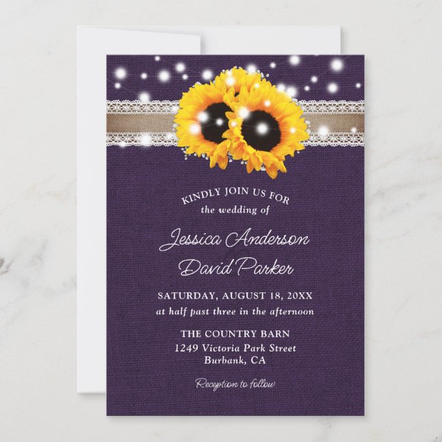 Rustic Purple Burlap Sunflower Wedding Invitations (Front)