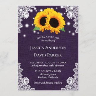 Rustic Purple Burlap Sunflower Wedding Invitations