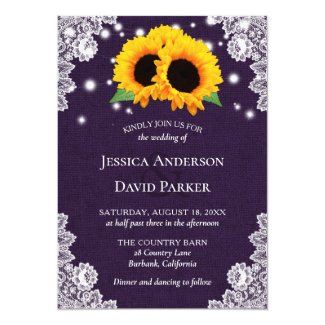 Rustic Purple Burlap Sunflower Wedding Invitations