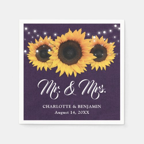 Rustic Purple Burlap Sunflower Wedding Napkins