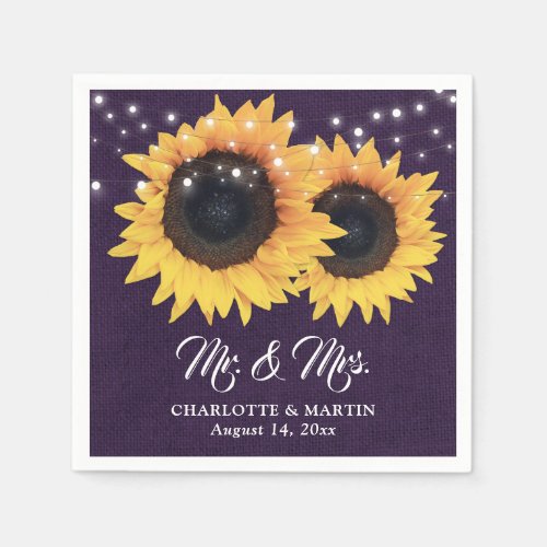 Rustic Purple Burlap Sunflower Wedding Napkins