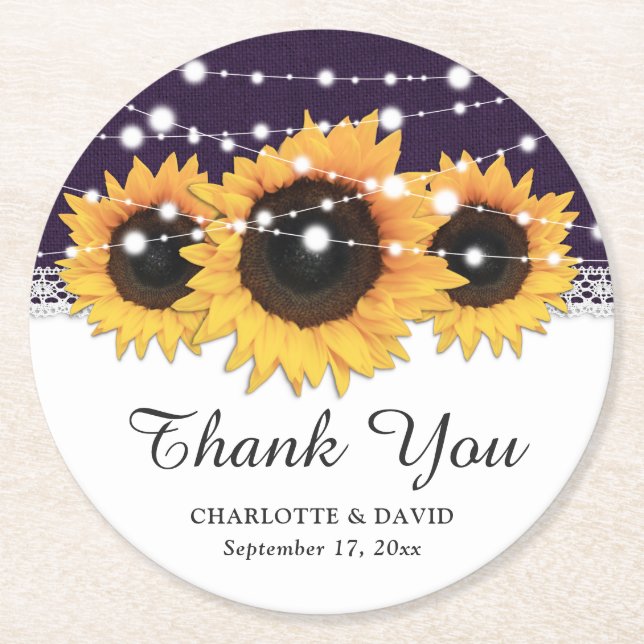 Rustic Purple Burlap Sunflower Wedding Round Paper Coaster (Front)