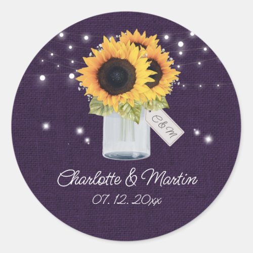 Rustic Purple Burlap Sunflower Wedding Stickers