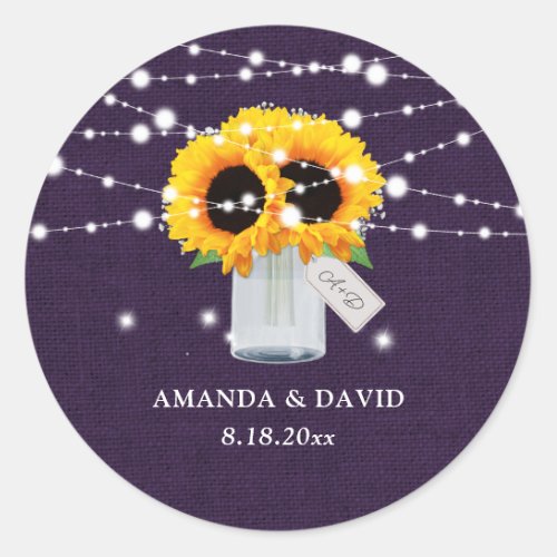 Rustic Purple Burlap Sunflower Wedding Stickers