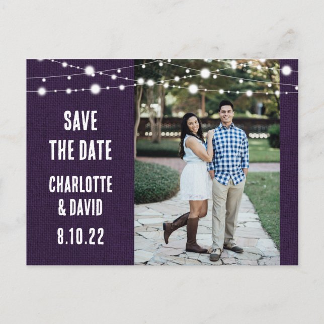 Rustic Purple Burlap Wedding Save The Date Photo Announcement Postcard (Front)