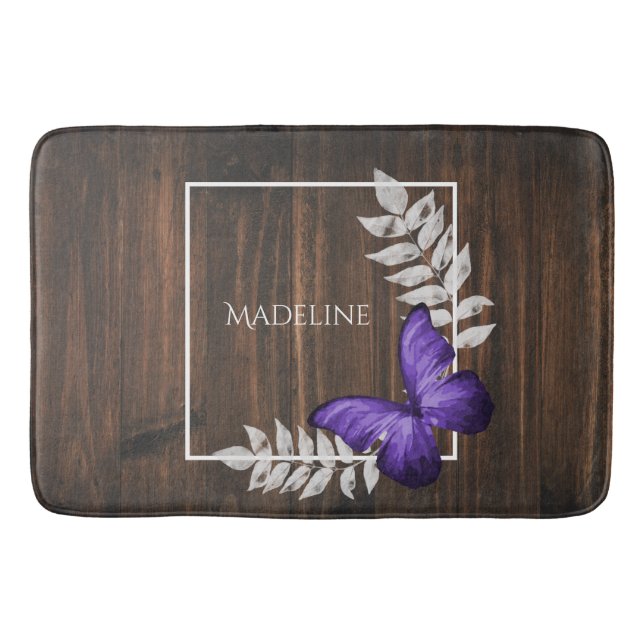 Rustic Purple Butterfly Personalized Bath Mat (Front)