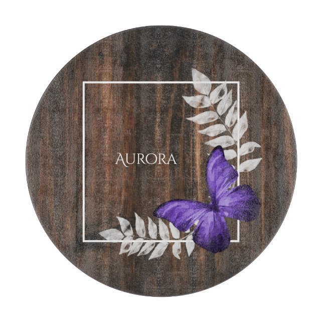 Rustic Purple Butterfly Personalized Cutting Board (Front)