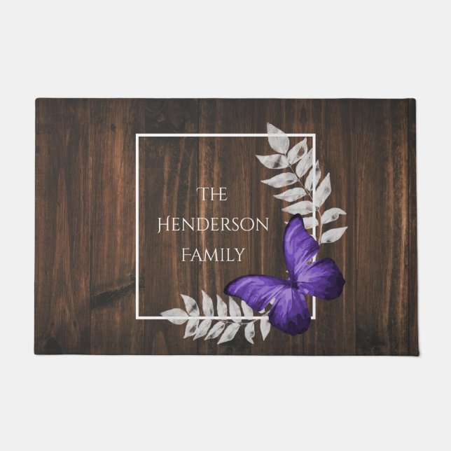 Rustic Purple Butterfly Personalized Doormat (Front)