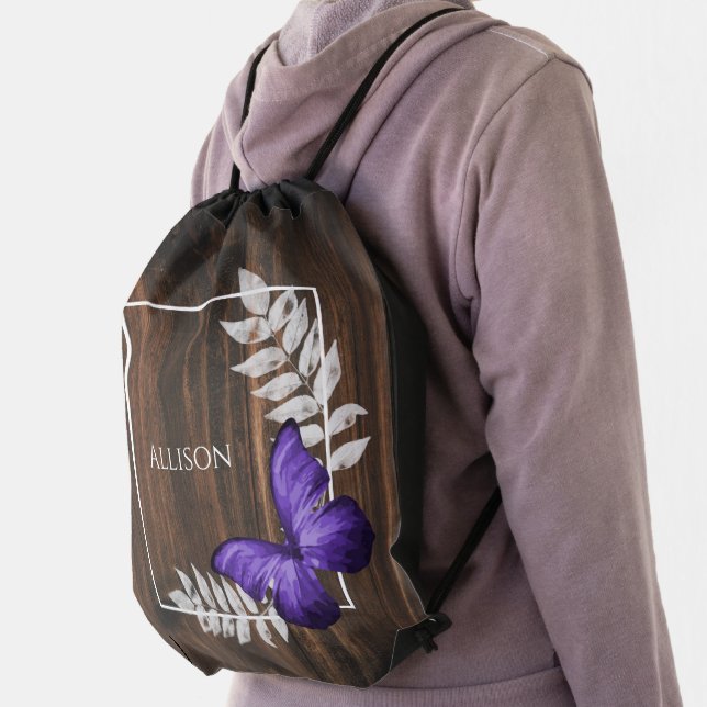 Rustic Purple Butterfly Personalized Drawstring Bag (Insitu)