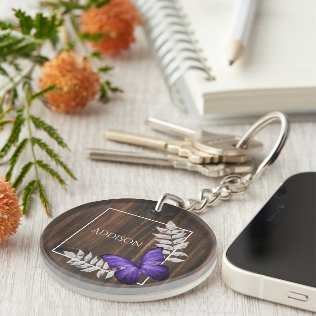 Rustic Purple Butterfly Personalized Keychain (Front Right)