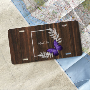 Rustic Purple Butterfly Personalized License Plate