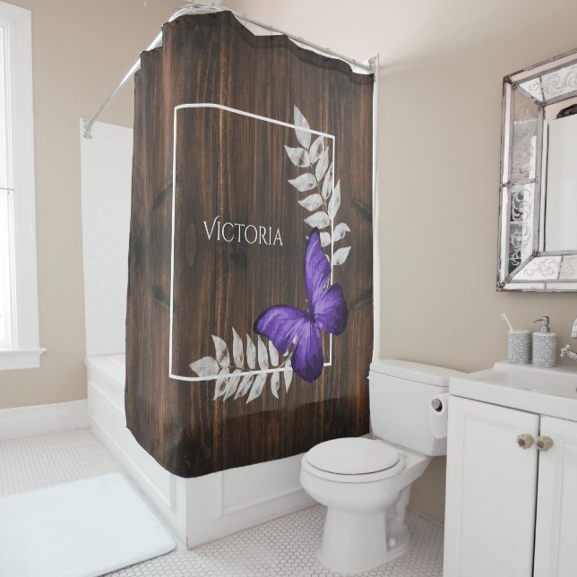 Rustic Purple Butterfly Personalized Shower Curtain (In Situ)