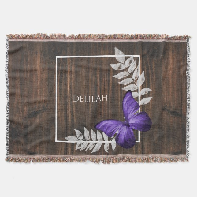Rustic Purple Butterfly Personalized Throw Blanket (Front)