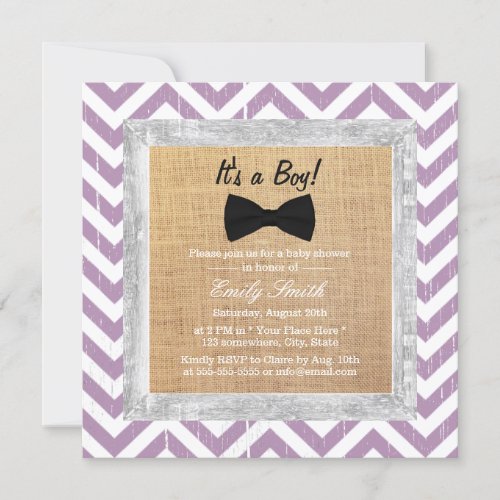Rustic Purple Chevron Bow Tie Boy Baby Shower 5.25x5.25 Square Paper Invitation Card