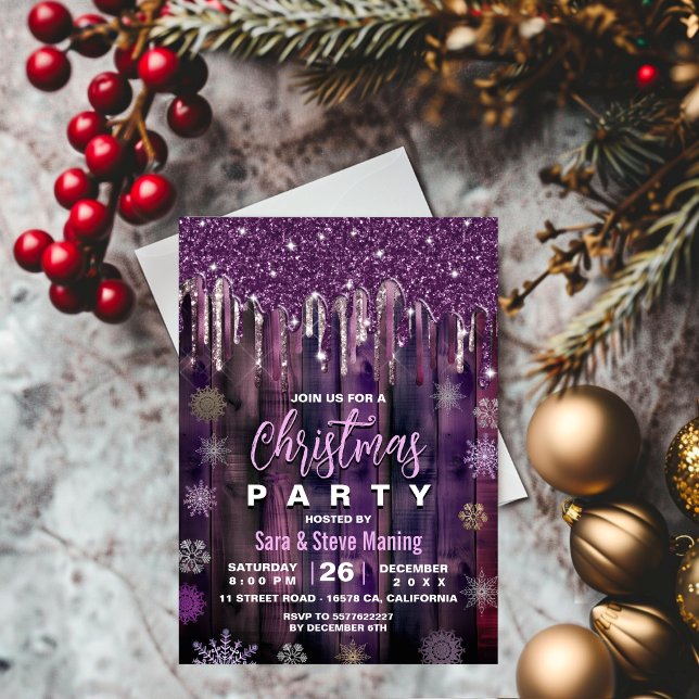 Rustic Purple Country Christmas Party glitter  Invitation (Creator Uploaded)