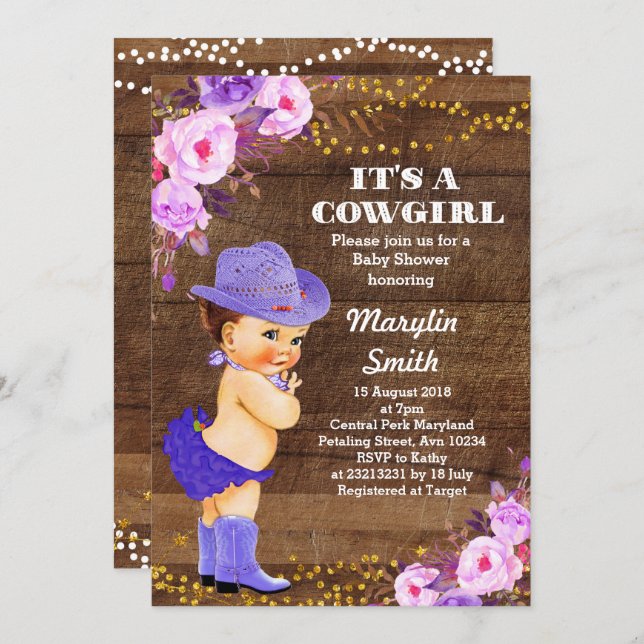 Rustic Purple Cowgirl Baby Shower Lilac Invitation (Front/Back)