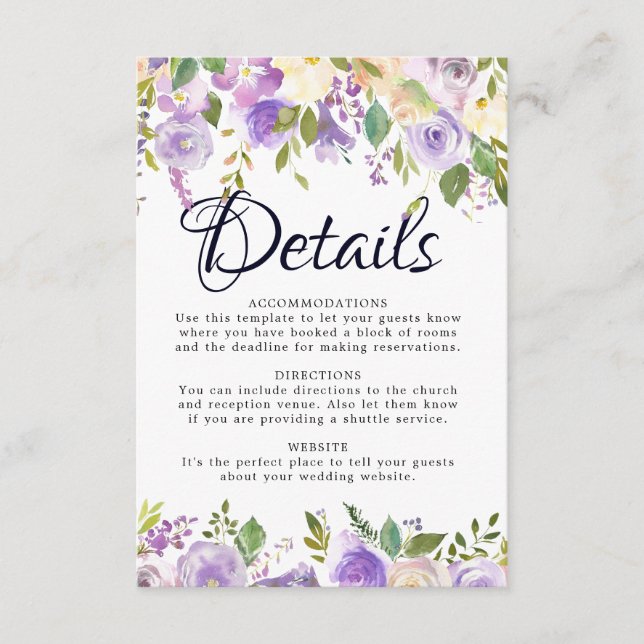 Rustic Purple Cream Floral Wedding Details Card (Front)