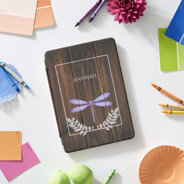 Rustic Purple Dragonfly Personalized  iPad Pro Cover (Desk)