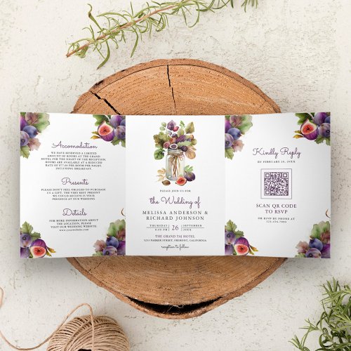 Rustic Purple Fig All in One QR Code Wedding Tri_Fold Invitation