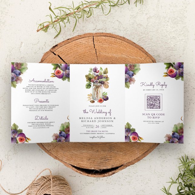 Rustic Purple Fig All in One QR Code Wedding Tri-Fold Invitation (Creator Uploaded)