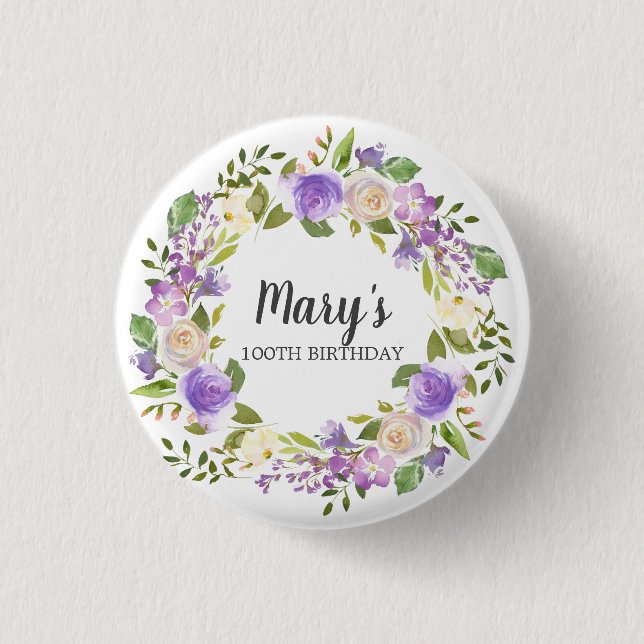 Rustic Purple Floral 100th Birthday  Button (Front)