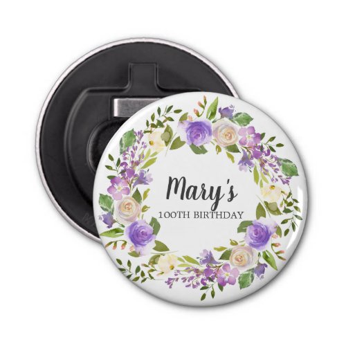 Rustic Purple Floral 100th Birthday Favor  Bottle Opener