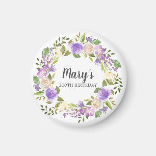 Rustic Purple Floral 100th Birthday Favor Magnet