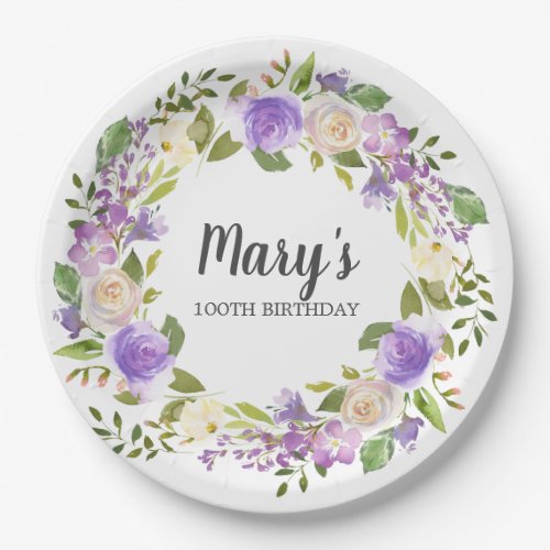 Rustic Purple Floral 100th Birthday Paper Plates