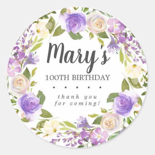 Rustic Purple Floral 100th Birthday Thank You Classic Round Sticker