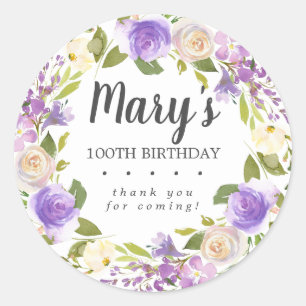 Rustic Purple Floral 100th Birthday Thank You Classic Round Sticker