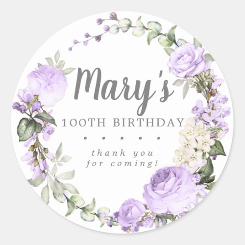Rustic Purple Floral 100th Birthday Thank You Classic Round Sticker